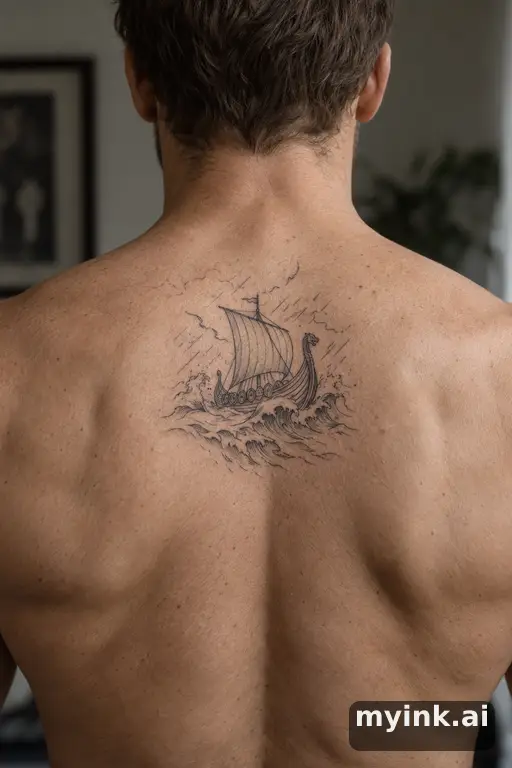Viking longship on stormy seas β Minimalist Back Tattoo reference image
