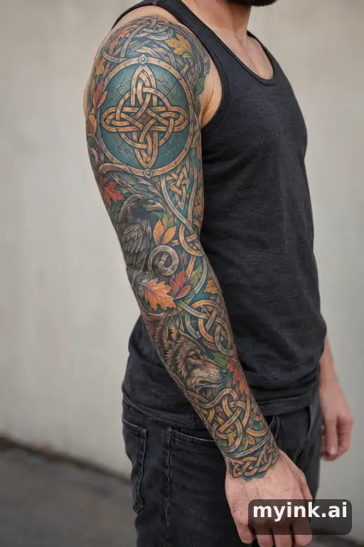 Celtic knot shield — Neo-Traditional Sleeve Tattoo reference image