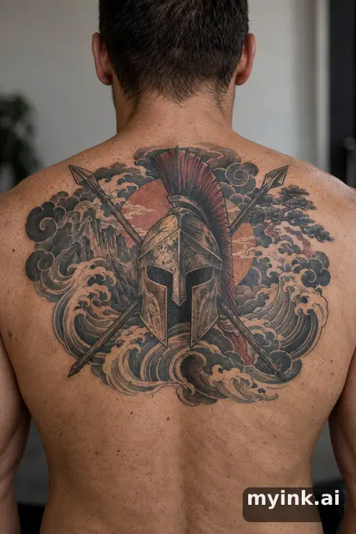 Spartan helmet with crossed spears β Japanese Back Tattoo reference image