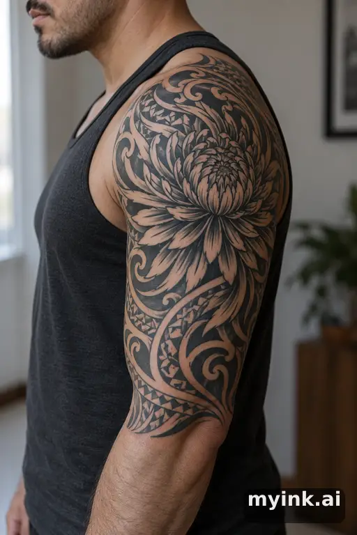Chrysanthemum flower β Tribal Half Sleeve Tattoo reference image