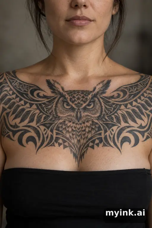 Great horned owl — Tribal Chest Tattoo reference image