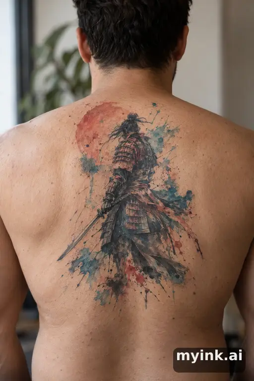 Samurai warrior with a katana β Watercolor Back Tattoo reference image