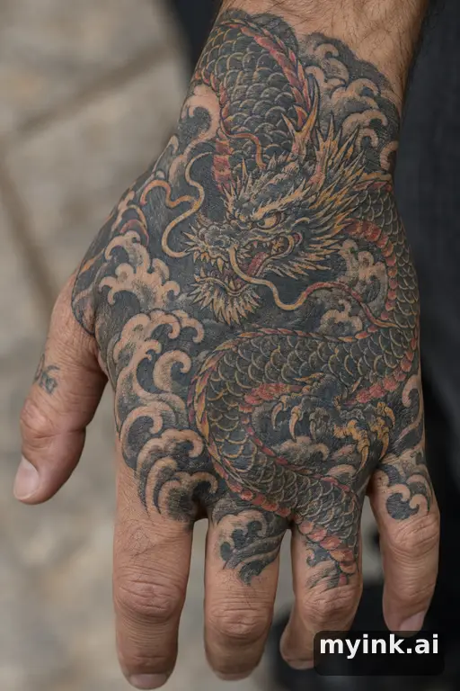Coiled dragon — Japanese Hand Tattoo reference image