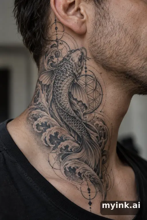 Koi fish swimming through waves — Geometric Neck Tattoo reference image
