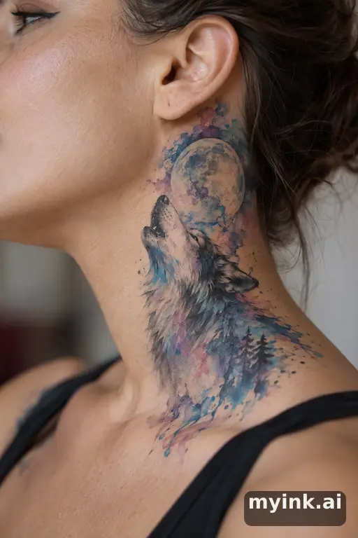 Wolf howling at the moon — Watercolor Neck Tattoo reference image