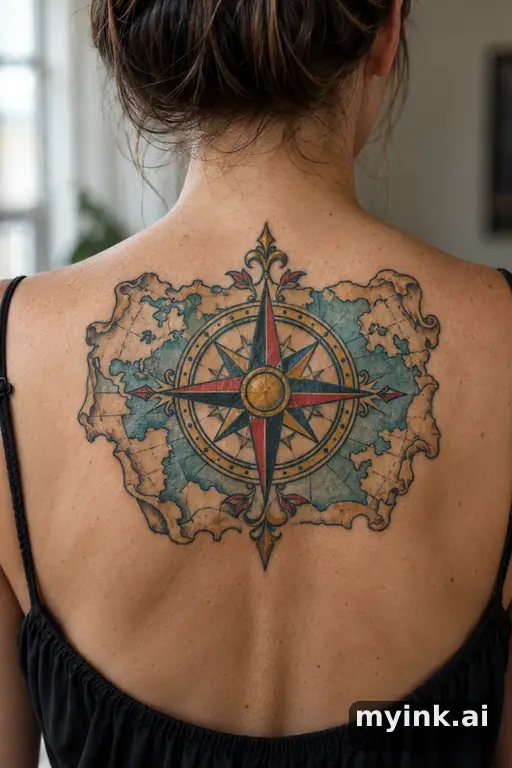 Compass over a vintage map β Traditional Back Tattoo reference image