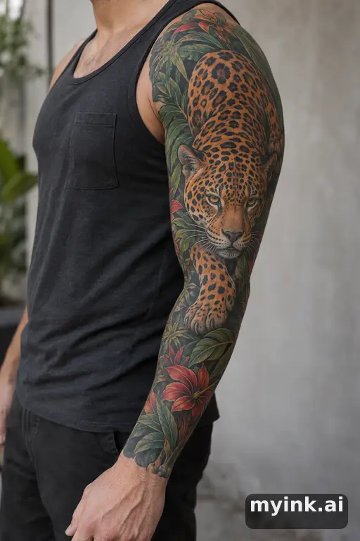 Jaguar stalking — Neo-Traditional Sleeve Tattoo reference image