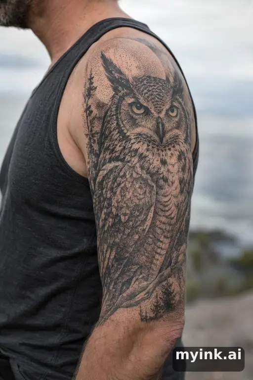Great horned owl β Dotwork Half Sleeve Tattoo reference image
