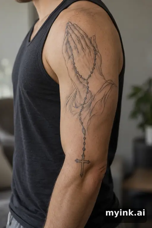 Praying hands holding a rosary cross β Minimalist Half Sleeve Tattoo reference image