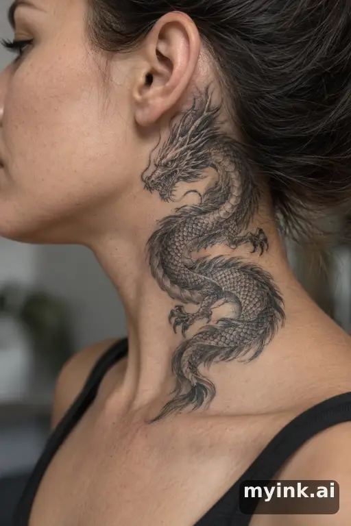 Coiled dragon — Realistic Neck Tattoo reference image