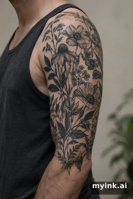 Botanical bouquet of wildflowers β Blackwork Half Sleeve Tattoo reference image