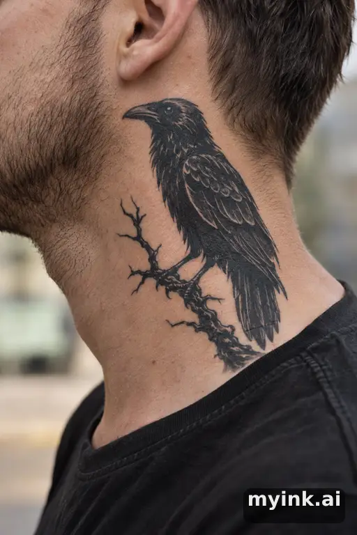Raven perched on a branch — Blackwork Neck Tattoo reference image