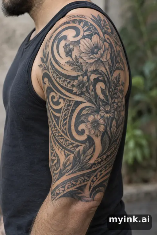 Botanical bouquet of wildflowers β Tribal Half Sleeve Tattoo reference image