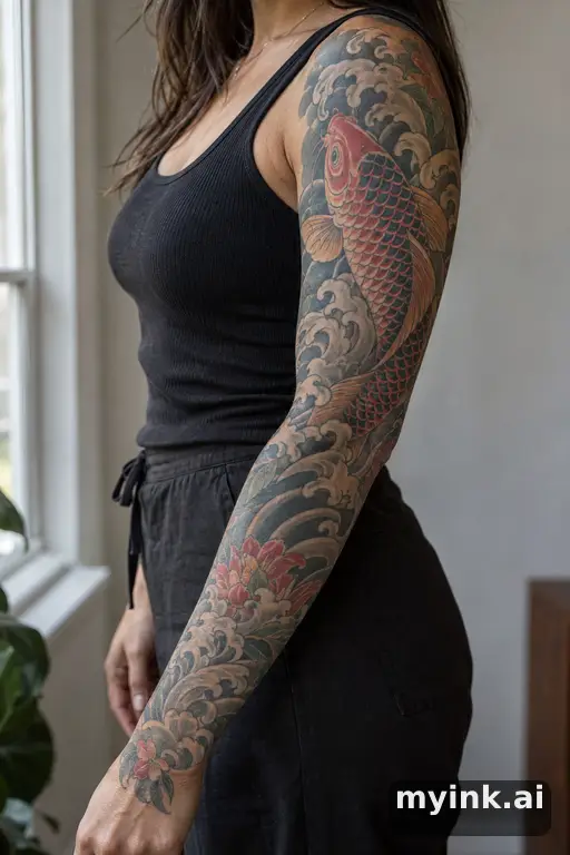 Koi fish in waves — Japanese Sleeve Tattoo reference image