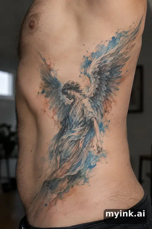 Angel with wings — Watercolor Rib Tattoo reference image