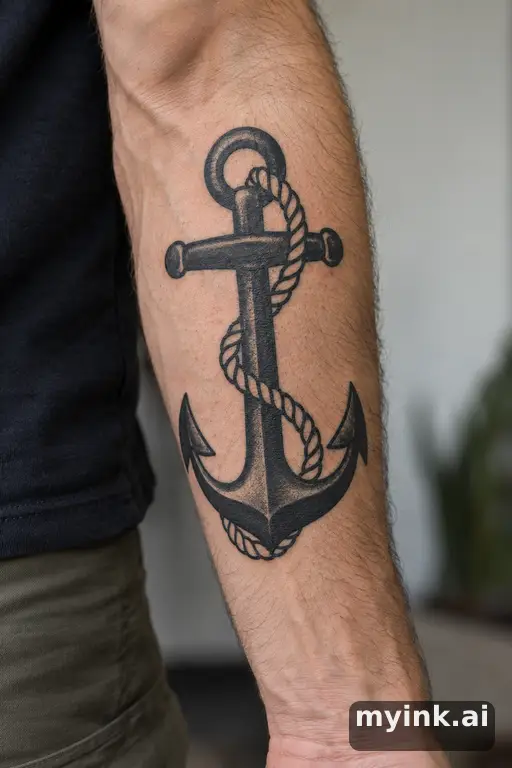 Ship anchor with rope — Blackwork Forearm Tattoo reference image