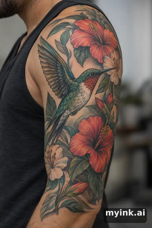 Hummingbird with flowers β Neo-Traditional Half Sleeve Tattoo reference image
