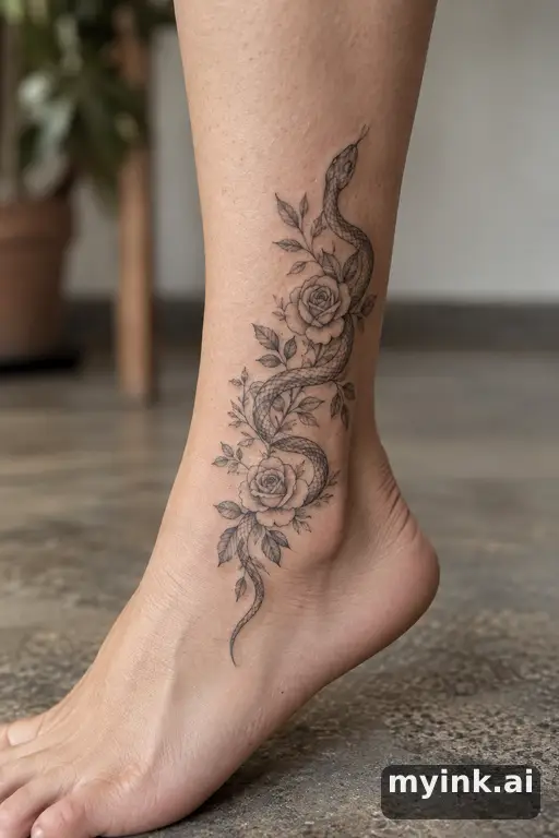 Snake winding through roses — Fine Line Tattoo reference image