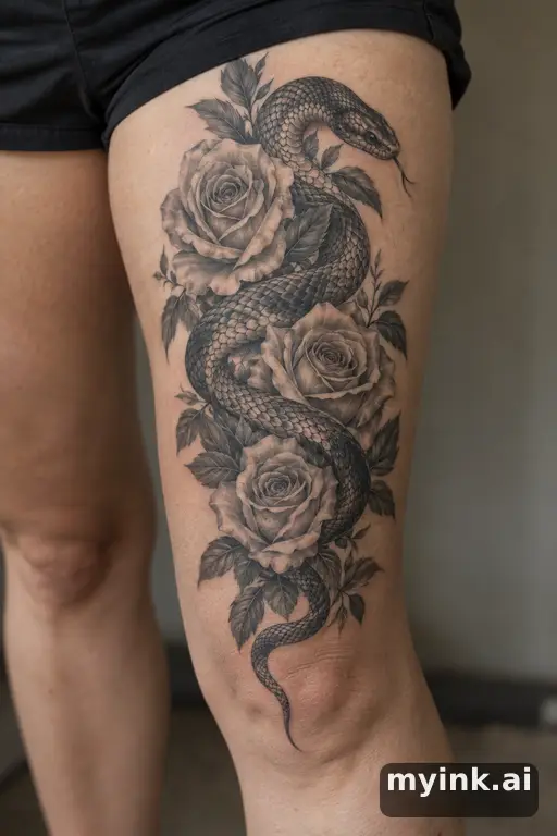 Snake winding through roses β Realistic Thigh Tattoo reference image