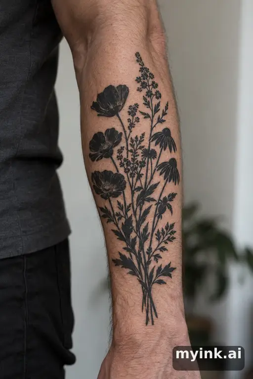 Botanical bouquet of wildflowers — Blackwork Forearm Tattoo reference image