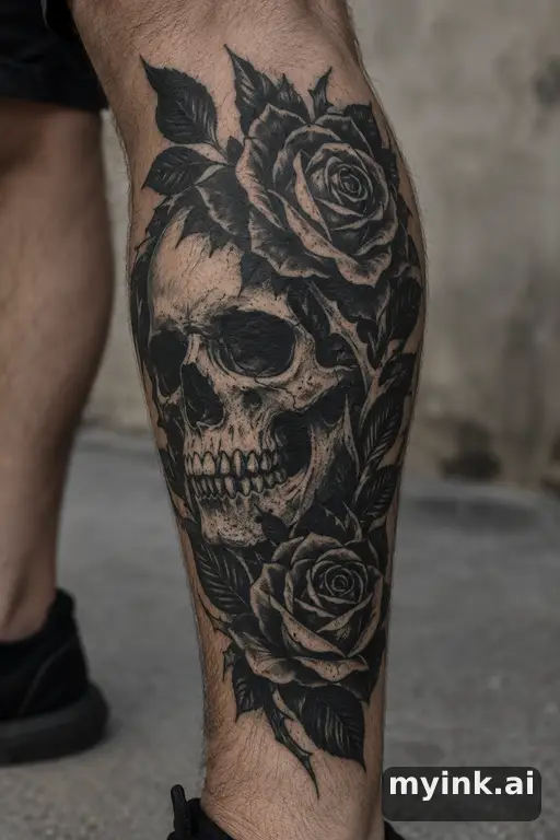 Skull with roses β Blackwork Masculine Tattoo reference image