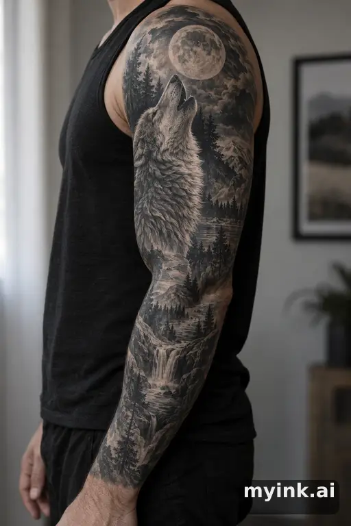 Wolf howling at the moon — Realistic Sleeve Tattoo reference image