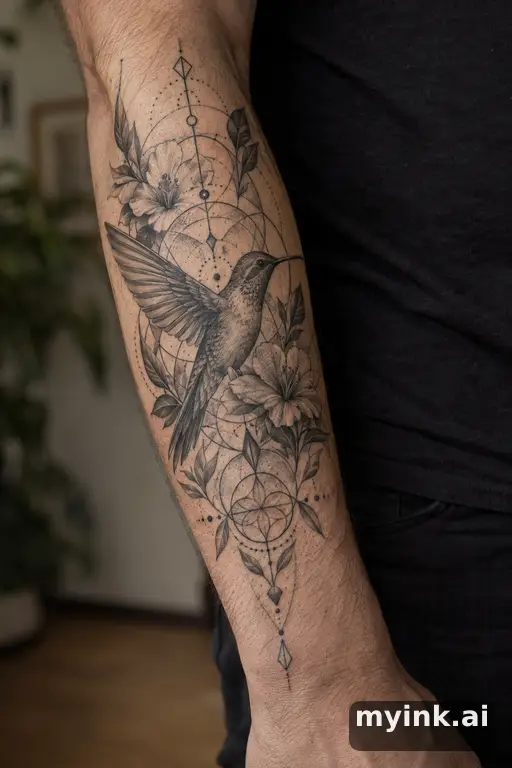 Hummingbird with flowers — Geometric Masculine Tattoo reference image