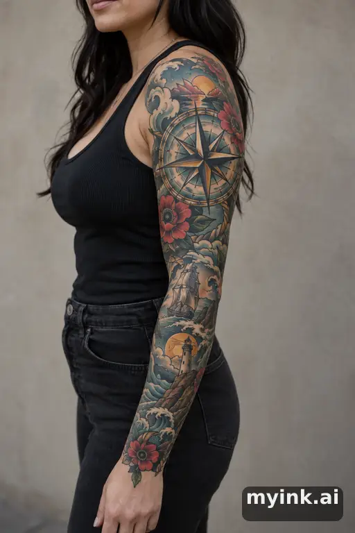 Compass rose β Neo-Traditional Sleeve Tattoo reference image