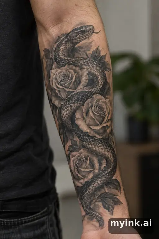 Snake winding through roses — Realistic Forearm Tattoo reference image