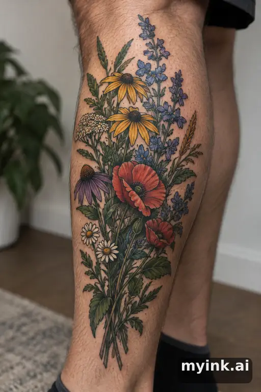 Botanical bouquet of wildflowers β Neo-Traditional Leg Tattoo reference image