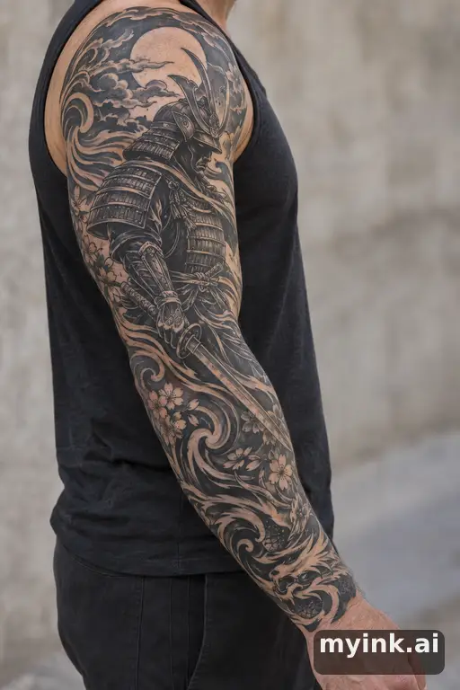 Samurai warrior with a katana — Tribal Sleeve Tattoo reference image