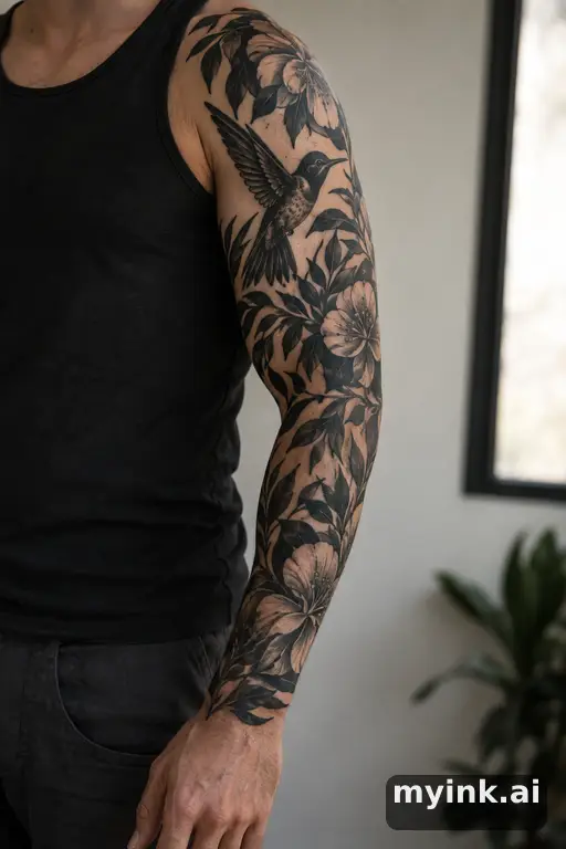 Hummingbird with flowers — Blackwork Sleeve Tattoo reference image