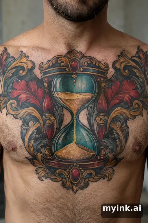 Hourglass with sand running — Neo-Traditional Chest Tattoo reference image