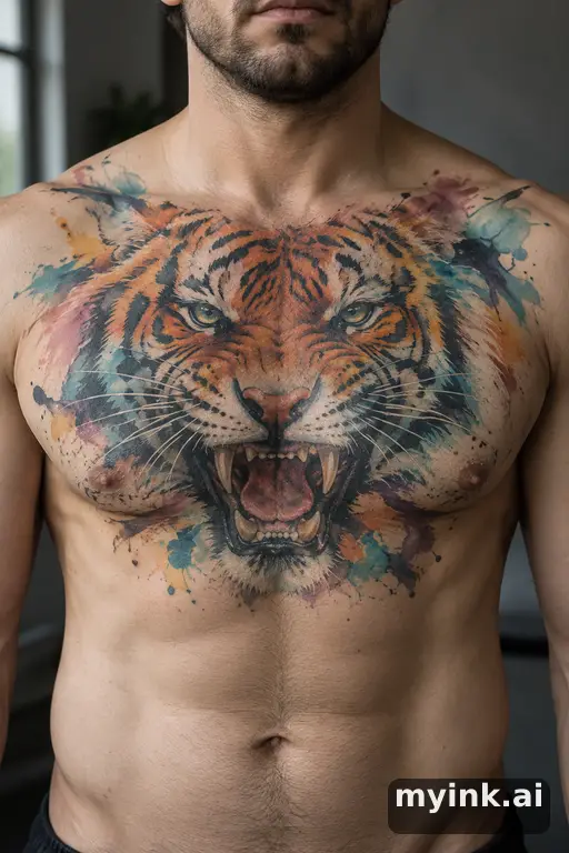 Roaring tiger — Watercolor Chest Tattoo reference image