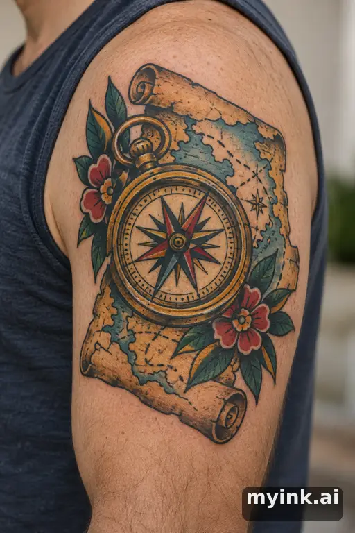 Vintage compass over a map β Traditional Compass Tattoo reference image
