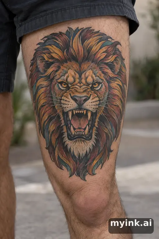 Roaring lion head β Neo-Traditional Thigh Tattoo reference image