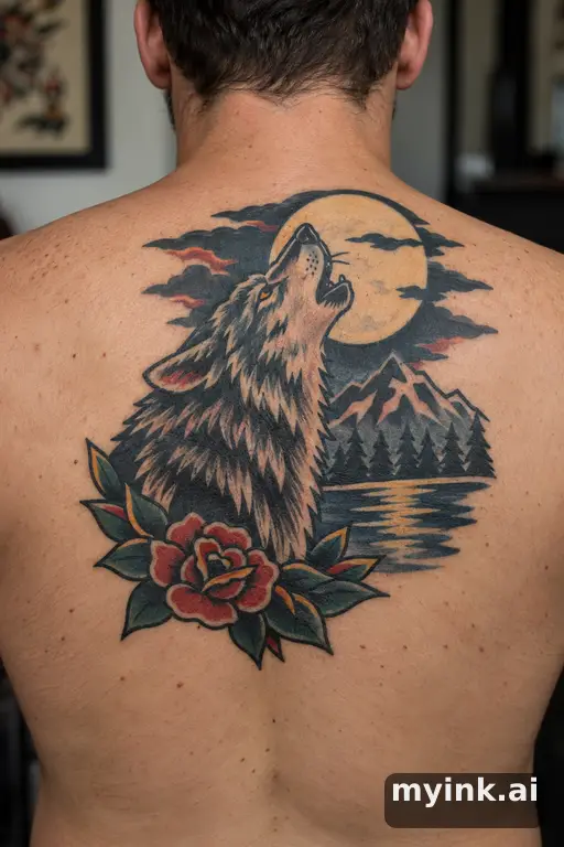 Wolf howling at the moon β Traditional Masculine Tattoo reference image
