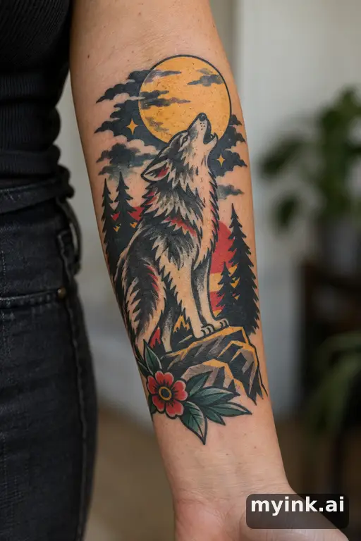 Wolf howling at the moon — Traditional Tattoo for Women reference image