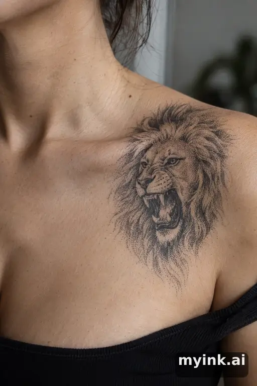 Roaring lion head β Dotwork Tattoo for Women reference image
