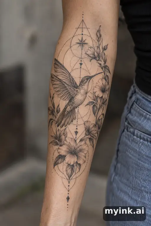 Hummingbird with flowers — Geometric Forearm Tattoo reference image