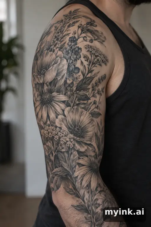 Botanical bouquet of wildflowers β Realistic Half Sleeve Tattoo reference image