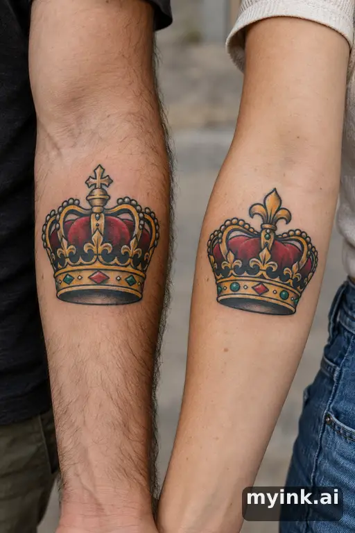 Matching king and queen crowns — Traditional Matching Tattoo reference image