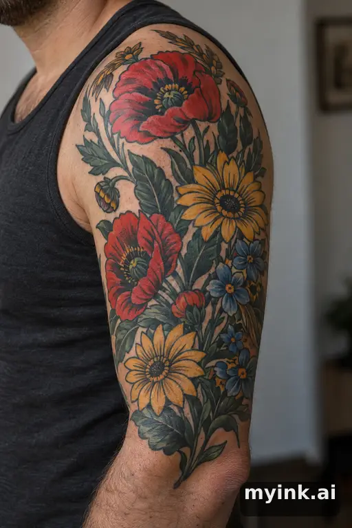 Botanical bouquet of wildflowers — Traditional Half Sleeve Tattoo reference image