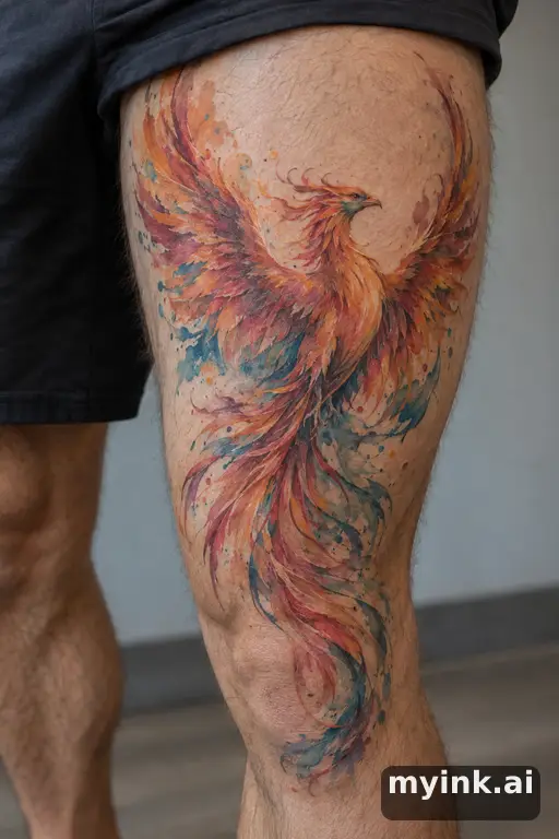 Phoenix rising β Watercolor Thigh Tattoo reference image