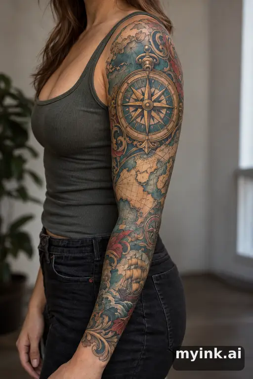 Compass over a vintage map — Neo-Traditional Sleeve Tattoo reference image
