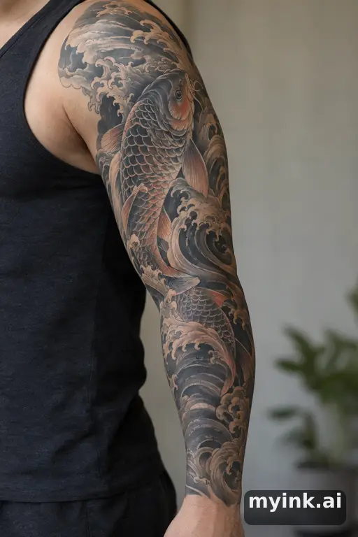 Koi fish in waves — Realistic Sleeve Tattoo reference image