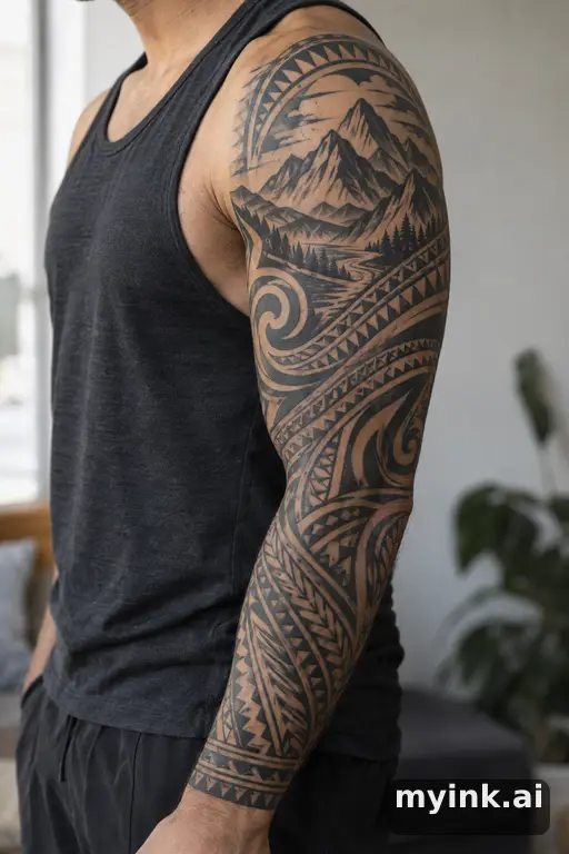 Mountain landscape — Tribal Sleeve Tattoo reference image