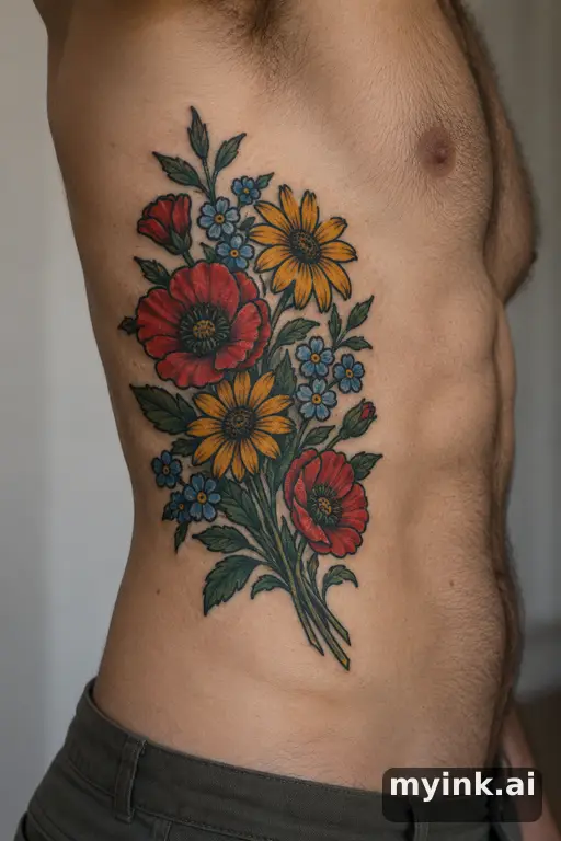 Botanical bouquet of wildflowers — Traditional Rib Tattoo reference image