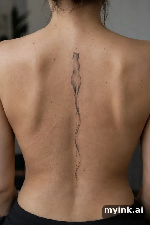 Tiny cat silhouette — Dotwork Spine Tattoo reference image