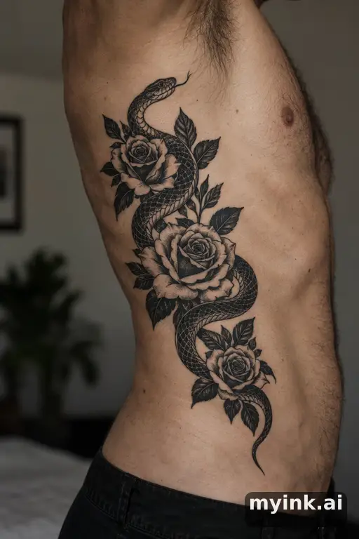 Snake winding through roses — Blackwork Rib Tattoo reference image